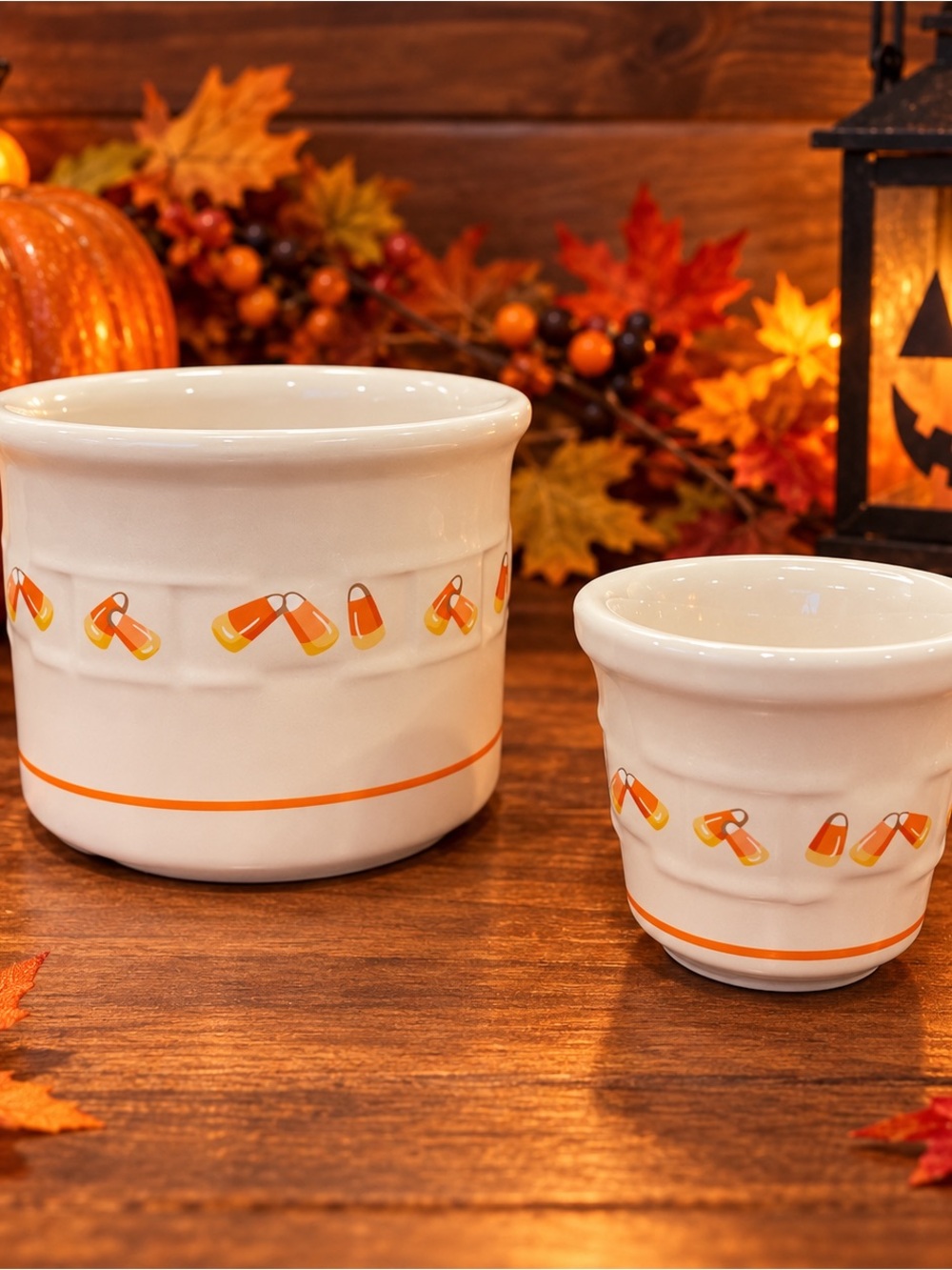 Vintage Longaberger “Candy Corn” Crock & Votive Set Halloween Pottery USA